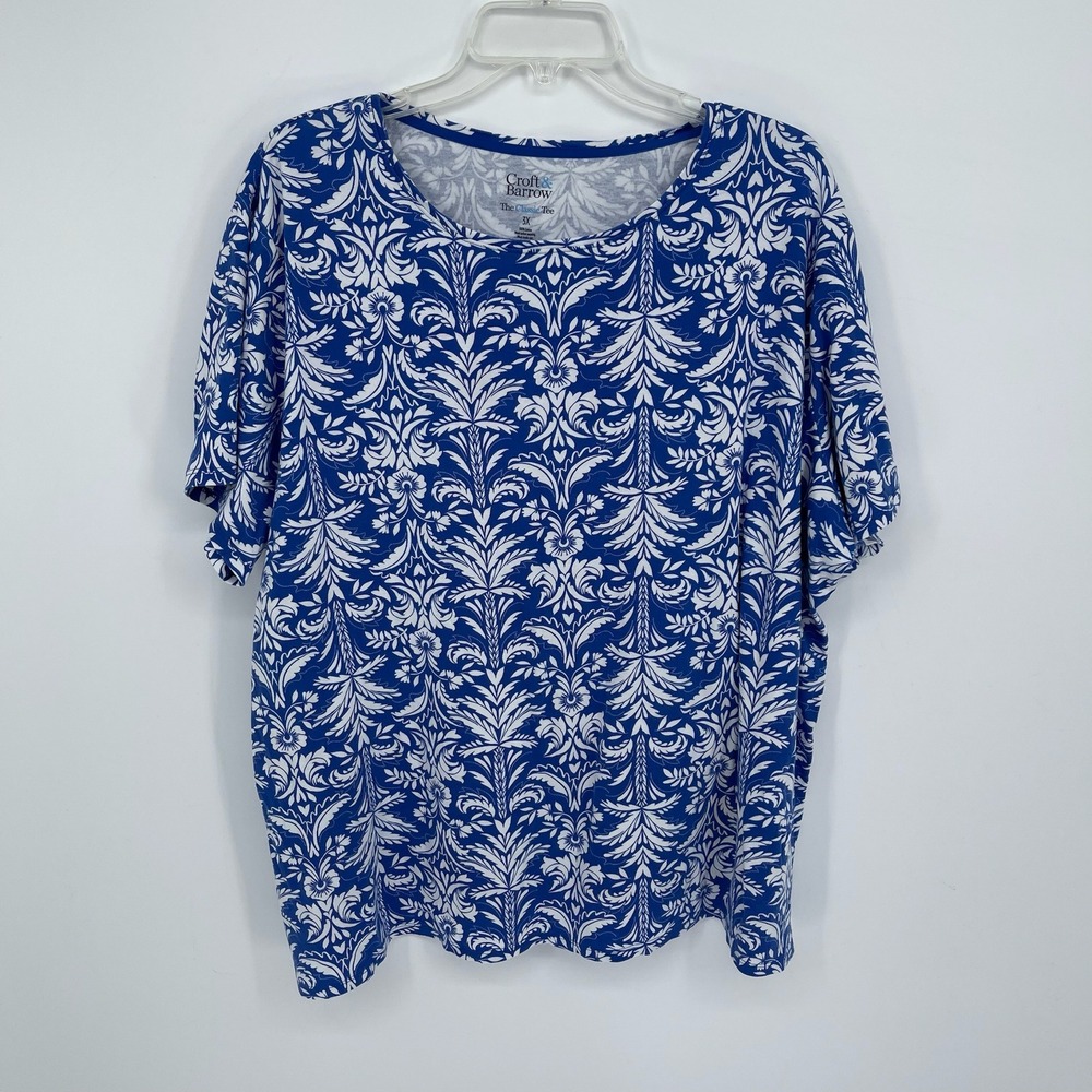 Croft & Barrow Women's Blue Floral Damask Short Sleeve Classic T-Shirt Size 3X